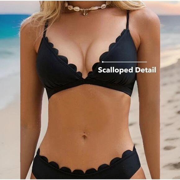 CUPSHE Womens 2PC Swimsuit M Black Scalloped V Neck Crisscross Tie Bikini - Picture 2 of 9